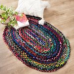 RAJRANG Hand Braided Oval Rag Rug 60x90 cm Multi-Blue Boho Reversible Rustic Farmhouse Cotton Chindi Carpet