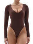 SHAPERX Bodysuit for Women Long Sleeve High Stretch Leotard Top Thong V Neck Fits Everybody Body-Hugging Tops, UK-SZ5352-Cocoa-M