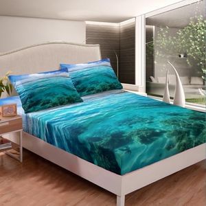 Ocean Themed Bed Sheet Set Sea Printed Bedding Set for Kids Boys Girls Children Hawaiian Beach Fitted Sheet Ultra Soft Summer Teal Ocean Decor Bed Cover Full Size