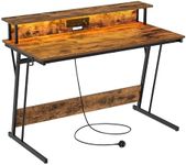 VASAGLE Gaming Desk with LED Lights and Built-In Power Outlets, Computer Desk with Monitor Shelf, Gaming Table for 2 Monitors, Office Desk, for Bedroom