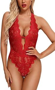 Aranmei Sexy Lingerie for Women Hollow Out Floral Lace Bodysuit One Piece Lingerie Deep V Teddy Babydoll Underwear, Red, Large