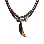 Aabellay Men Leather Tribal Necklace Vintage Bohemian Style Double Layers Braided Beaded Pendant Necklace Boho Hipppie Ethnic Wooden Tooth Rope Beads Choker for Women and Men - WT