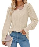 Aokosor Womens Long Sleeve Tops Ladies Square Neck Jumpers Puff Sleeves Sweatshirts Beige Size 18-20