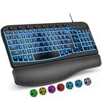 SABLUTE Wired Ergonomic USB Keyboard with Cushioned Wrist & Palm Rest, Backlit 7 Colors