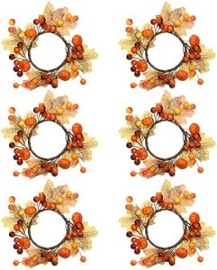 Etnorsu 6pcs Fall Candle Rings Wreaths, 3.5inch Decorative Taper Candle Rings Artificial Maple Leaves Pumpkin Candle Ring with Berries, Mini Autumn Candle Rings for Pillars Harvest Thanksgiving Decor