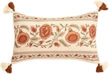 ISAENNE Design Linen Rectangle Vintage Throw Pillow Covers 12"x20", Brick Red Cushion Covers with Orange Floral Green Leaves Pattern Decor Pillowcases for Bed,Living Room,Outdoor,Car