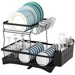 Tesmien 2 Tier Dish Drainer Rack, Large Stainless Steel Dish Rack Draining with Swivel Drainage Spout, Detachable Dish Drying Rack for Kitchen Counter Plates, Cups and Forks, Black