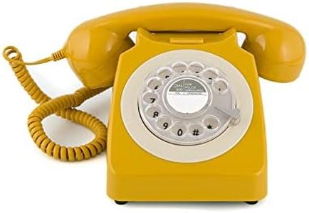 GPO 746 Teléfono fijo de disco con estilo retro de los años 70 - Cable en espiral, Timbre auténtico - Mostaza