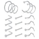 AVYRING 18G Stainless Steel Nose Stud Screws with Cubic Zirconia, Nose Studs Rings Hoop Set for Women Men, Pack of 18 Pieces