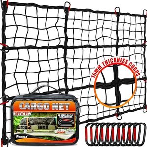 [Premium] 5'x7' Heavy Duty Cargo Net Stretches to 10' x 14', Extra Thick 10mm Cord Bungee Cargo Netting for Pickup Truck Bed, Roof Rack Net & 12 PCS Steel Carabiners