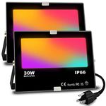 LED Flood Light Outdoor 300W Equivalent, Smart RGB Color Changing Floodlight with APP Control, Warm White 2700K -Timing - DIY Scene, IP66 Waterproof, US Plug, Yangcsl（Pack of 2