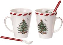 Spode Christmas Tree Peppermint 14oz Mug & Spoon Set (4-Piece) - Festive Earthenware with Candy Cane Motif, Ceramic Mug for Hot Chocolate, Coffee, Holiday Mornings - Christmas Drinkware