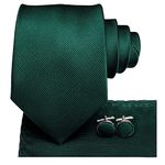 Hi-Tie Mens Dark Green Tie Set for Wedding Formal Silk Necktie with Pocket Square Cufflinks Set