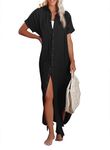 Dokotoo Womens Plus Size Summer Beach Short Sleeve Side Split Button Down Bathing Suit Bikinis Swimwear Swimsuit Cover Ups Beach Shirt Dress Solid Loose Long Kimonos Cardigans for Women Black X-Large