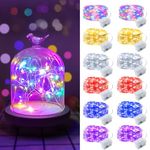 12 Pack LED Fairy Lights Battery Operated String Lights Waterproof Silver Wire, 7 ft 20 LED Firefly Starry Moon Lights Mason Jar Lights for DIY Wedding Party Bedroom Patio Christmas, Mixed-Color