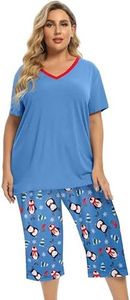 Vozanet Women's Pajamas Set Soft V Neck Sleepwear Top and Capri Pj Lounge Sets Cartoon Heart Shape Cat Nighty Plus Size, Xmas Penguin, XX-Large