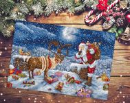 Wizardi Counted Cross Stitch Kit "Silent Night Gift" L9958 – Christmas Eve Santa & Reindeer, 16ct Zweigart Aida Luca-S 60 Colors Floss, Needle, Chart, 16.93x11.42" Kit for Adult Letistitch