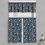 Ambesonne Sport Valance & Tier Curtain 3 pcs Set, Many Basketball Baseball and Football Champ Gloves Dark Background, Window Treatments for Room Kitchen Decor, 55" x 24", Dark Blue Multicolor