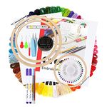 Qroof Embroidery Materials Starter Kit,50 Colour Threads,3 Pcs Bamboo Hoops,2 Pcs Aida Cloth And Cross Stitch Hand Embroidery Beginner Supplies Tool, Multicolour