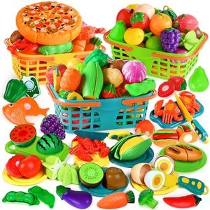 Play Food Set for Kids Kitchen- 100 Pcs Pretend Kitchen Food Toy for Toddlers, Cutting Fake Food/ Fruit/ Vegetable Accessories with Three Baskets, Birthday Gift 3 4 5 Years Old Boy Girl