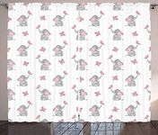 Elephant Nursery Decor Curtains by Ambesonne, Baby Elephants Playing with Butterflies Lovely Kids Room, Living Room Bedroom Window Drapes 2 Panel Set, 108 W X 84 L Inches, Grey Light Pink White