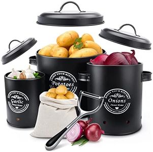 TWBEST Potato Storage Box Set + Onion and Garlic Storage Including Peeler I Perfect in Black, Elegant Kitchen Storage Tins