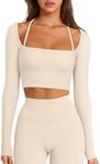 LASLULU Active Long Sleeve Workout Tops for Women Sexy Ribbed Crop Tops Cropped T Shirts Exercise Gym Shirts Y2k Tops with Built in Bra(Beige Large)