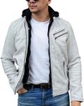 Jild Casual Hooded Vintage Leather Jacket Men - Lambskin Leather Motorcycle Jacket with Removable Hood for Men’s Fashion (Hood.M-White-XXL)