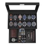 SONGMICS 12-Slot Watch Box, Lockable Watch Case with Glass Lid, 2 Layers, with 1 Drawer for Rings, Bracelets, Gift Idea, Black Synthetic Leather, Black Lining UJWB012B03