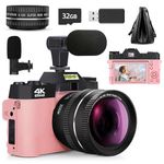 Mo Digital Cameras for Photography, 48MP&4K Vlogging Camera for YouTube, Video Camera with Wide-Angle & Macro Lenses, 16X Digital Zoom, Flip Screen, External Microphone, 32GB TF Card(Pink)