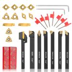 Indexable Lathe Turning Tool 21Pcs Kit 1/4'' 6mm Shank 7Pcs Metal Lathe Tools Holder Set with 14Pcs Turning Inserts for Turning Grooving Threading Boring Carbide Inserts Carbide Turning Tool