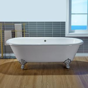 WOODBRIDGE 66" Enameled Cast Iron Double Ended Clawfoot Bathtub with Chrome Iron Feet, White, TC0066
