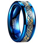 VAKKI Men's Blue Ring Gold Celtic Dragon Tungsten Carbide Promise Rings Blue with Carbon Fiber Inlay Size Z+2