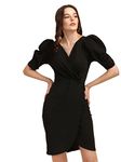 Sheetal Associates Women's Puff Sleeve V-Neck Bodycon Casual Mini Dress Black