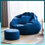 ComfyBean Faux Leather Bag with Beans Filled XXXXL Bean Bag Originals - Bean Bag with Cushion and Footrest - Official : Beansofa Range - Comfort Level : Basic - (Matching Cushion Round : Blue)