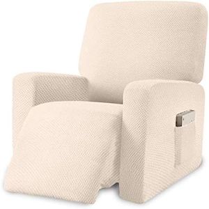 Granbest Stretch Recliner Cover 1 Piece Premium Thick Recliner Chair Cover with Pockets Jacquard Recliner Slipcover Furniture Protector with Elastic Bottom (Recliner, Beige)