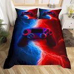 Homewish Gamer Gaming Bedding Sets Double Size,Lightnings Gamepad Duvet Cover, Video Games Comforter Cover for Kid Teens Boys and girls Man, Modern Bedroom Decor 3 Pcs Bedding Set,Red Blue