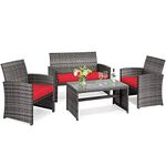 Tangkula 4 PCS Wicker Patio Conversation Set, Outdoor Rattan Sofas with Table Set, Patio Furniture Set with Soft Cushions & Tempered Glass Coffee Table for Poolside Courtyard Balcony (1, Red)