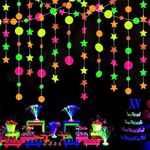 52ft Neon Star Circle Dot Garland HADEEONG 4Pcs Glow Party Paper Streamers Circle Dots Stars Hanging Decorations for Black Light Glow Party Birthday Decor