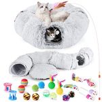 Odoland Large Cat Tunnel Toy with Plush Cat Bed, Foldable Pet Tunnel Bed for Indoor, Multifunctional Cat Donut Tunnel with Ball & Peek Holes, Cat Toys, Crinkle Play Tunnel Tube for Cat - Grey