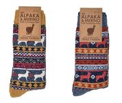 Leo Design 2 Pairs of Norwegian Wool Socks for Men and women, Winter Thermal Knitted, Peruvian Pattern Crew Soft Merino & Alpaca Wool Comfortable Hygge for cold weather (Mix2, 9-12)