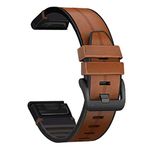 Abanen Leather Watch Bands for Fenix 7/Fenix 6 / Fenix 5, QuickFit 22mm Soft Genuine Leather with Silicone Sweatproof Wrist Strap for Garmin Forerunner 955, Approach S62,Instinct,Quatix 6/5 (Brown)