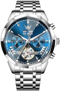 OLEVS Watches for Men Luxury Blue Big Face Automatic Self Winding Stainless Steel Dress Wrist Mens Watches Tourbillon Waterproof Luminous Analog Casual Mechanica Watch