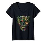 Womens Haunted Botanical Garden Human Skull With Flowers And Plants V-Neck T-Shirt