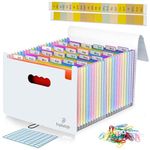 File Organiser, 26 Folders for Paperwork A4, Unique Design (White), 34 x 25 x 4 cm Document Organiser, Flap & Elastic Cord Closure Comes with Labels Sticker Card & Clips