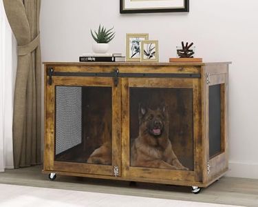 LINLUX 47 Inch Large Dog Crate Furniture, Wooden Heavy Duty XL Dog Kennel Indoor, Decorative Dog Cage Table for Large Dogs, with Sliding Doors, Wheels and Flip-top Plate, Rustic Brown
