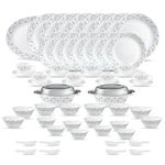 La Opala Diva Classique Collection Opal Glass Crockery | for Family of 8 | Dinner Set 61 pcs Grace Blue | Plates & Bowls for Dining | Microwave Safe | 100% Vegetarian | Extra Strong | White