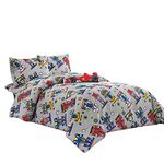 WPM Kids Collection Bedding 4 Piece Sport car Twin Size Comforter Set with Grey Sheet Pillow sham and red Race Car Toy Fun Sports Design (Race Me Cars, Twin Comforter)