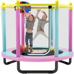 60" Trampoline for Kids, 5FT Indoor Outdoor Trampoline with Enclosure Net, Mini Baby Toddler Trampoline with Basketball Hoop, Recreational Trampolines Birthday Gifts for Children（Pink）