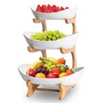 3 Tier Fruit Basket Ceramic Fruit Bowl Vegetable Storage with Bamboo Wood Porcelain Fruit Stand Storage Holder for Kitchen Counter Large Capacity Fruit Holder for Bread, Snack (White)